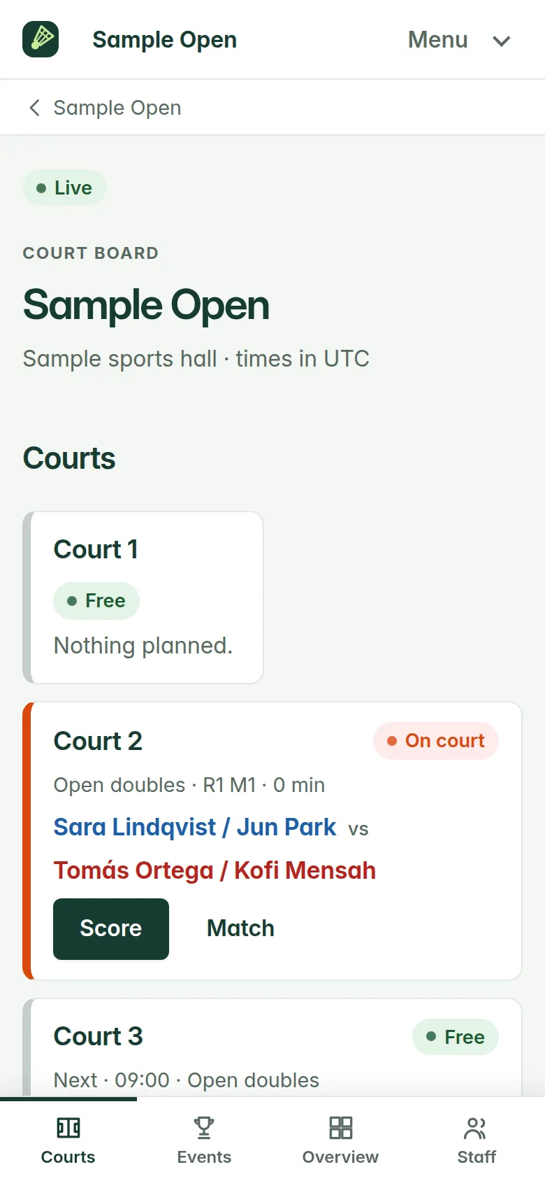 Court board on a phone: one court free, one match on court with a Score button