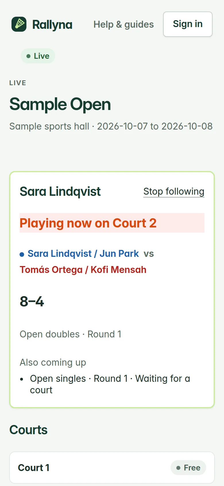 Public live page following one player who is playing now on Court 2